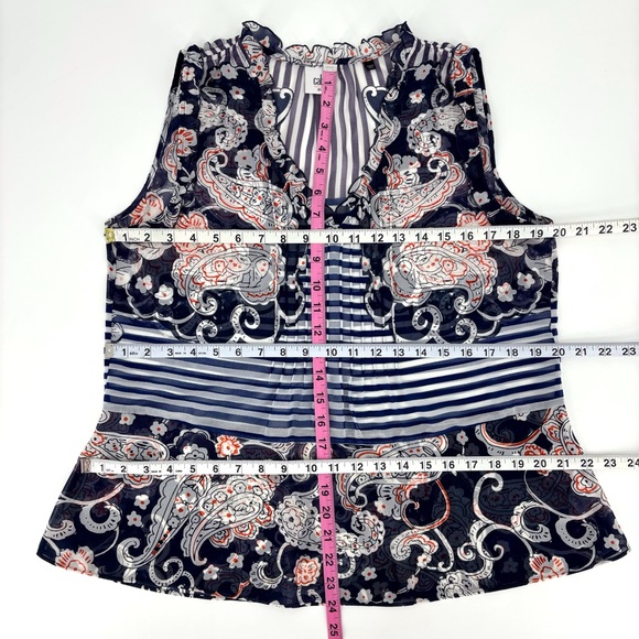 Cabi Peplum Blouse #5349, Mixed Print Semi-Transparent V-Neck Sleeveless Top, XS - Picture 15 of 16